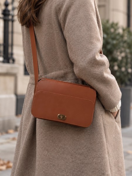 Sac Le Galet porté - Cuir lisse - version marron